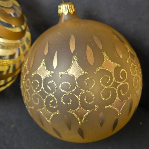 Gold Glass Christmas Ornaments Set of 3 Hand Painted Glitter 4" Holiday Decor - Picture 2 of 9